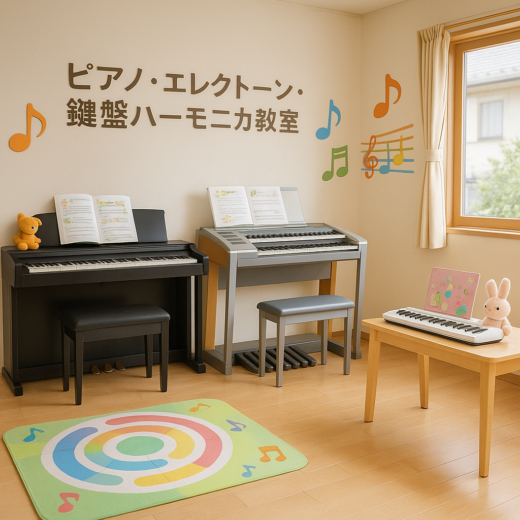 ピアノのほか、エレクトーンや鍵盤ハーモニカも教えている教室の風景